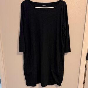 Garnet Hill Bateau Neck Black Cotton Dress 3/4 Sleeves Size 14